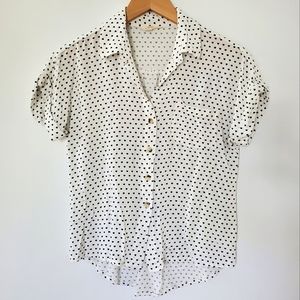 Sim & Sam Heart Polka-dots Button Up Short Sleeve Blouse with pocket (Small)